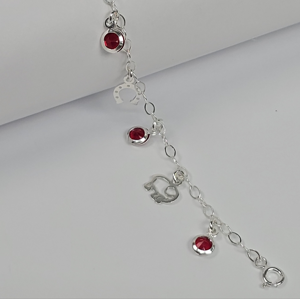 925 Sterling Silver Lucky Charm Bracelet Red CZ Accents Polished Finish 19cm
